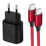 25W USB-C snabbladdare + 1M nylon USB-C-kabel för Samsung Galaxy A05s A15 A25 A35 A55 Svart röd