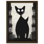 Giant Black Cat Le Chat Noir City Monochrome Illustration Artwork Framed Wall Art Print A4