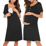 Irdcomps Chemise de Nuit Maternité Femme Coton Robe Allaitement Maternité avec Bouton Vetement Grossesse Enceinte Devant Ouvert Vêtements de Nuit Allaitement Pyjama à Manches Courtes Noir2 M