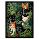 Artery8 5 Black Cats By Julia Davidson Quirky Black Ginger White Cat Group In Green Botanicals Artwork Framed Wall Art Print A4