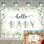 Toile de Fond Baby Shower pour fête prénatale 7x5FT, Feuilles d'eucalyptus dorées Neutre arrière-Plan de Photographie de bébé décoration de fête de Hello Baby Accessoire de Photo