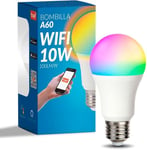 M Ledme - Ampoule LED intelligente WiFi A60 10W (Eq. 90 W) culot E27, pas besoin de Hub, RGB+CCT, Dimmable en intensité, Lumière blanche et colorée, compatible avec Alexa et Google Home, LM7141