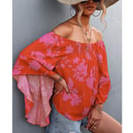 (Rose Red S)Women Off Shoulder Tops Summer High Low Hem Loose Bell Sleeve BGS