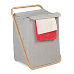 Relaxdays Laundry Basket, Foldable Bin with Lid, Clothes Container, HxWxD: 60x45x39 cm, Fabric & Bamboo, Grey/Natural