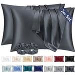 Vielit 2 Pack Satin Pillowcase for Hair and Skin,Soft as Silk Pillowcases for Hair and Skin,Easier Care than Silk Pillow Case Dark Grey Pillowcases for 50x70cm Pillow Envelope & 2 Scrunchies