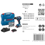 Bosch Professional 18V System Perceuse-Visseuse à Percussion sans Fil GSB 18V-55 (Batterie + Chargeur, 35 pcs. Accessoires) + Coffret de 4x forets Expert CYL-9 MultiConstruction (Béton, Ø 5,5-8 mm)