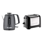 Dualit 72313 Domus Kettle, 3000 W, 1.5 liters, Grey & 2 Slice Lite Toaster | 1.1kW Toasts 60 Slices an Hour | Polished with High Gloss Black Trim | Bagel & Defrost Settings | 36 mm Wide Slots | 26205