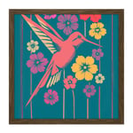 Coral Pink Hummingbird Yellow Purple Red Flowers Painting Square Framed Wall Art Print Picture 16X16 Inch