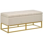 Banc banquette coffre de rangement 2 en 1 piètement acier doré assise capitonnée tissu beige