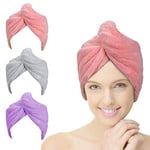 ACWOO 3pcs Séchage Serviettes, Super Absorbant en Microfibre Serviette pour Cheveux Turban avec Bouton de Design Secs Rapidement pour Femmes (Rose, Violet, Gris)