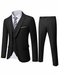 YND Men's Slim Fit 2 Button 3 Piece Suit Set, Solid Blazer Jacket Vest Pants & Tie, Black, XL