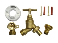 All Brass Outside Tap Kit With Garden Hose Fitting and 15mm Wall Plate Elbow