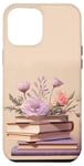 Coque pour iPhone 15 Pro Max Livres rose violet pastel et fleur sur fond beige