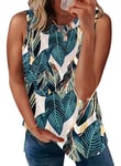 WNEEDU Women's Vests Ladies Summer Boho Camisole Tops for Women Round Neck Sleeveless T-Shirts Casual Tank Tops(Leaf Print,S)