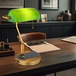 Lampe de Banquier Bureau Table Vieux Laiton Verre sans Fil Télécharger H 36cm