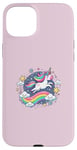 Coque pour iPhone 15 Plus Licorne ludique volant à travers le ciel étoilé avec arc-en-ciel