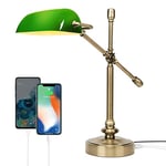 FIRVRE Vert Verre Bankers Lampe de bureau avec 2 ports de charge USB Lampe de table Touch Control Lampe de lecture 3 voies Lampe de bureau à intensité variable avec bras réglable pour bureau