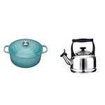 Le Creuset Signature Enamelled Cast Iron Round Casserole Dish with Lid + Le Creuset Traditional Stove-Top Kettle with Whistle, Suitable for All Hob Types Including Induction and Cast Iron