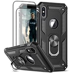 LeYi for iPhone X Case/iPhone XS Case and 2 Tempered Glass Screen Protector,Ring Holder Military Grade Protective Shockproof Tough Silicone Hard Phone Cover for iPhone X/XS 5.8'' Black