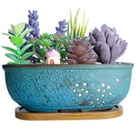 ARTKETTY Pot de Fleurs, Pot Bonsaï Rectangulaire Peu Profond Pot de Plantes Succulentes avec Drainage Pot en Céramique pour Plantes de Cactus Décoration Intérieure