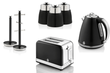 Swan Retro Black Jug Kettle 2 Slice Toaster Canisters Mug Tree & Towel Pole Set