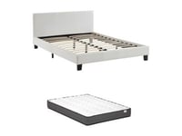 Lit 140 x 190 cm - Simili - Blanc + Matelas - CORNELIUS II