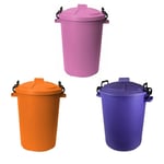 3 x 50L Bin Clip Lock Lid Home/Kitchen/Garden Waste Storage- Pink+Orange+Purple