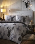 DE CAMA Cerf Tartan Carreaux Gris Argent Animal Parure de lit avec Housse de Couette de cerf, Noir, Double