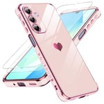 LeYi Coque pour Samsung Galaxy A16 4G / 5G avec 2 Verre Trempé Silicone Forme de Coeur d'amour, Housse Étui de Protection Antichoc Anti-Rayures Souple TPU Légère Coque Samsung A 16 - Rose