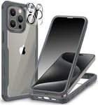 CENHUFO Anti Espion Coque iPhone 15 Pro, avec Protection écran Verre Trempé Anti Espion et Protecteur Caméra [9H HD] 360° Antichoc Téléphone Housse Double Face Case Portable Intégrale Etui - Gris