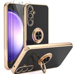 YIRSUR Case Compatible with Samsung Galaxy S23 FE 6.4" (2023) with 2 Pack Screen Protector, with Ring Holder Plating Rose Gold Edge 360° Kickstand Cover Slim Soft Flexible TPU Protective (Black)