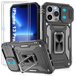 Jshru for iPhone 13 Pro Case with Screen Protector [2 Pack] and Slide Camera Cover,Military Grade Shockproof iPhone 13 Pro Phone Case,Ring Kickstand Phone Cover for iPhone 13 Pro,Black