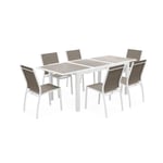 Salon de jardin table extensible - Orlando Taupe - Table en aluminium 150/210cm. plateau de verre. rallonge et 6 chaises en