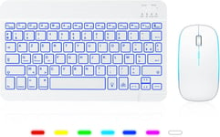 Clavier Souris Sans Fil Clavier Pour Ipad/Samsung/Lenovo/Iphone Tablette Silent Rétroéclair,Bluetooth Clavier Et Souris Léger Rechargeable Portable Azerty Pour Ios,Android (Blanc)