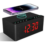 Radio Réveil Numérique en Bois avec Radio FM,Station de Charge sans fil Rapide Pour iPhone/Samsung Galaxy,écran LED à Intensité Variable,Port de Charge USB,Alarm Clock avec Snooze,Alimentation Secteur