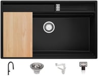 Evier Cuisine Noir 88x53cm + Kit de Vidage + Robinet + Accessoires, Evier au meuble 90cm  Oslo Pocket de Primagran