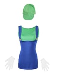 Mario Ladies Fancy Dress Costume by Emma's Wardrobe - Includes Red or Green Outfit with Matching Hat and White Gloves - Mario and Luigi Costume for Halloween - UK Size 6-12 (Women: 8, Green with stockings)