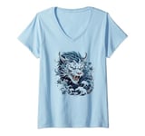 Womens fierce anime blue asian dragon japanese flowers mythical art V-Neck T-Shirt