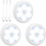 Rörelsesensorlampa, garderobslampa, USB-laddningsbar LED-nattlampa, 6 LED-trapplampa för garderob/hylla/entré/garage/kök/passage (3-pack, vit)