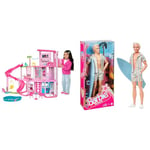 Barbie Dreamhouse, 3-Storey Barbie House with 10 Play Areas Including Pool, Slide & The Movie Ken Doll Wearing Pastel Pink and Green Striped Beach Matching Set with Surfboard and White Sneakers, HPJ97
