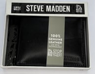 STEVE MADDEN MENS BLACK SLIMFOLD LEATHER BIFOLD  WALLET IN GIFT BOX RFID