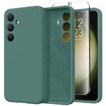 GVIEWIN Compatible with Samsung S24 Case Galaxy with Screen Protector,Compatible with Magsafe,Silicone Camera Fullbody Protection Shockproof Anti-scratch Soft Microfiber Lining,Midnight Green