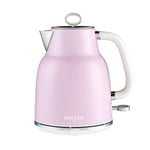 Salter EK5737PNK Retro 1.7 L Kettle – 3KW Rapid Boil, 360° Base, Removable Limescale Filter, Cordless, Water Level Window, Blue Indicator Light, Boil Dry Sensor & Auto Shut-Off, Vintage Design, Pink