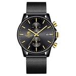 Affute Montre pour homme, tendance, sport, à quartz, analogique, maille noire, acier inoxydable, étanche, chronographe, affichage automatique de la date, Moderne