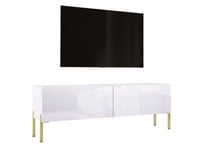 Meuble TV En Blanc Mat / Blanc Brillant Avec Pieds En Or, 140 X 52 X 32 Cm