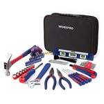 WORKPRO Kit d'Outils avec Sac de Rangement pour Usage Domestique ou du Travail 100 Pièces EN Acier au carbone et Cr-V, Bleu Rouge Noir