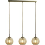 Suspension métal verre fumé E27 h : max 150 cm en laiton antique ambre abat-jour boule 3 lampes