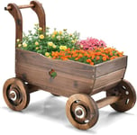 FANTASK Chariot à fleurs en bois avec roues et poignée, chariot de plantation avec trou de drainage, diable rustique, pour jardin, terrasse, pot de fleurs, brouette, décoration de jardin, jardinière