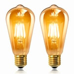 Lot de 2 Vintage Edison Ampoule E27 LED 6W, Verre Ambré, Blanc Chaud 2200K, Équivalent 60W Incandescence, 600LM, AC 220V, Non Dimmable, ST64 Filament Rétro, Décorative pour Maison, Bars, Café