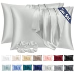 Vielit 2 Pack Satin Pillowcase for Hair and Skin,Soft as Silk Pillowcases for Hair and Skin,Easier Care than Silk Pillow Case Light Grey Pillowcases for 40x60cm Pillow Envelope & 2 Scrunchies